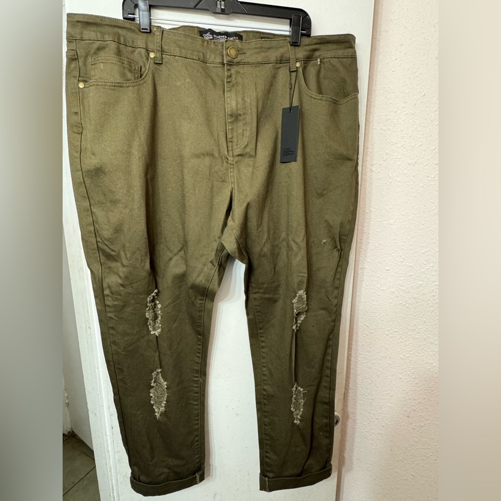 Size 24 ChicDenim Olive Green-Brown Distressed Jeans // NWT